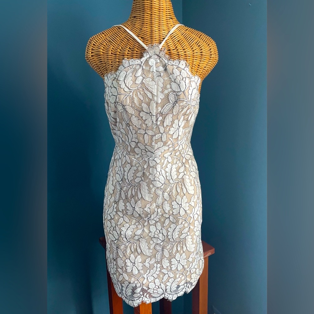 Lulu's White Lace Overlay Tan Sheath Dress